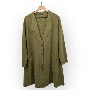 Eileen Fisher Olive Green Merino Wool Long Cardigan Coat With Button Closure